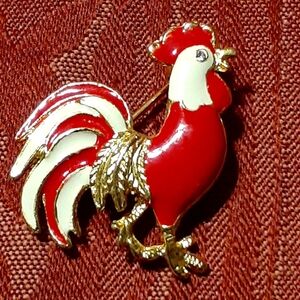 Rooster Chicken BROOCH/PIN Red White Enamel Rhinestone Gold Tone VINTAGE